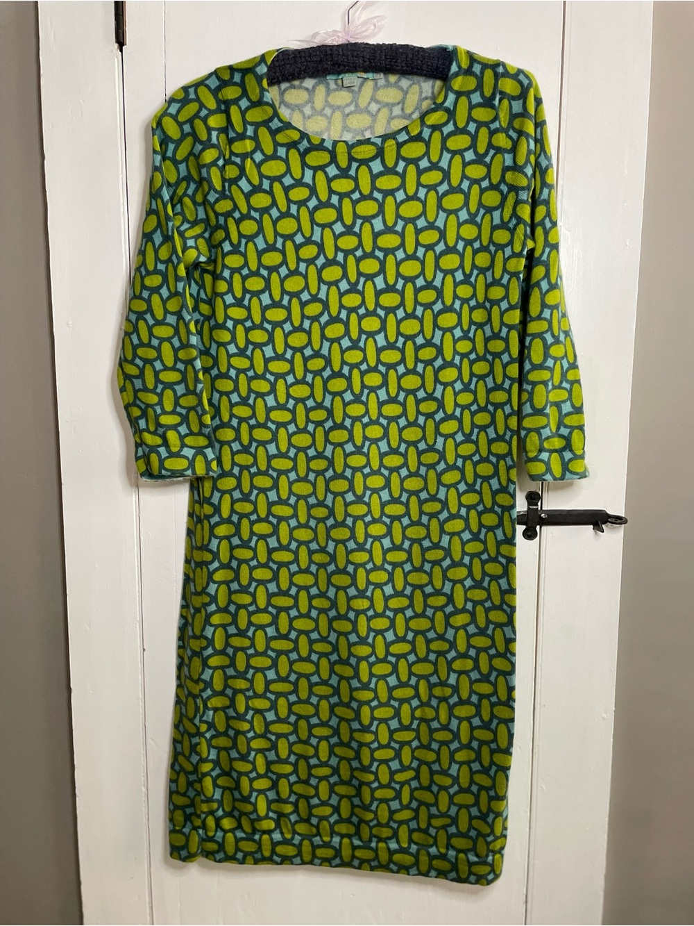 BODEN 100% Wool Green & Blue Retro MCM Print Sweater Dress - Size 8